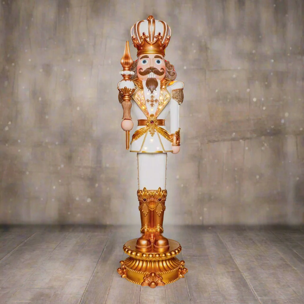 0671411056 10 FT White & Gold King Nutcracker With Music & Warm White LED Lights - Image 1